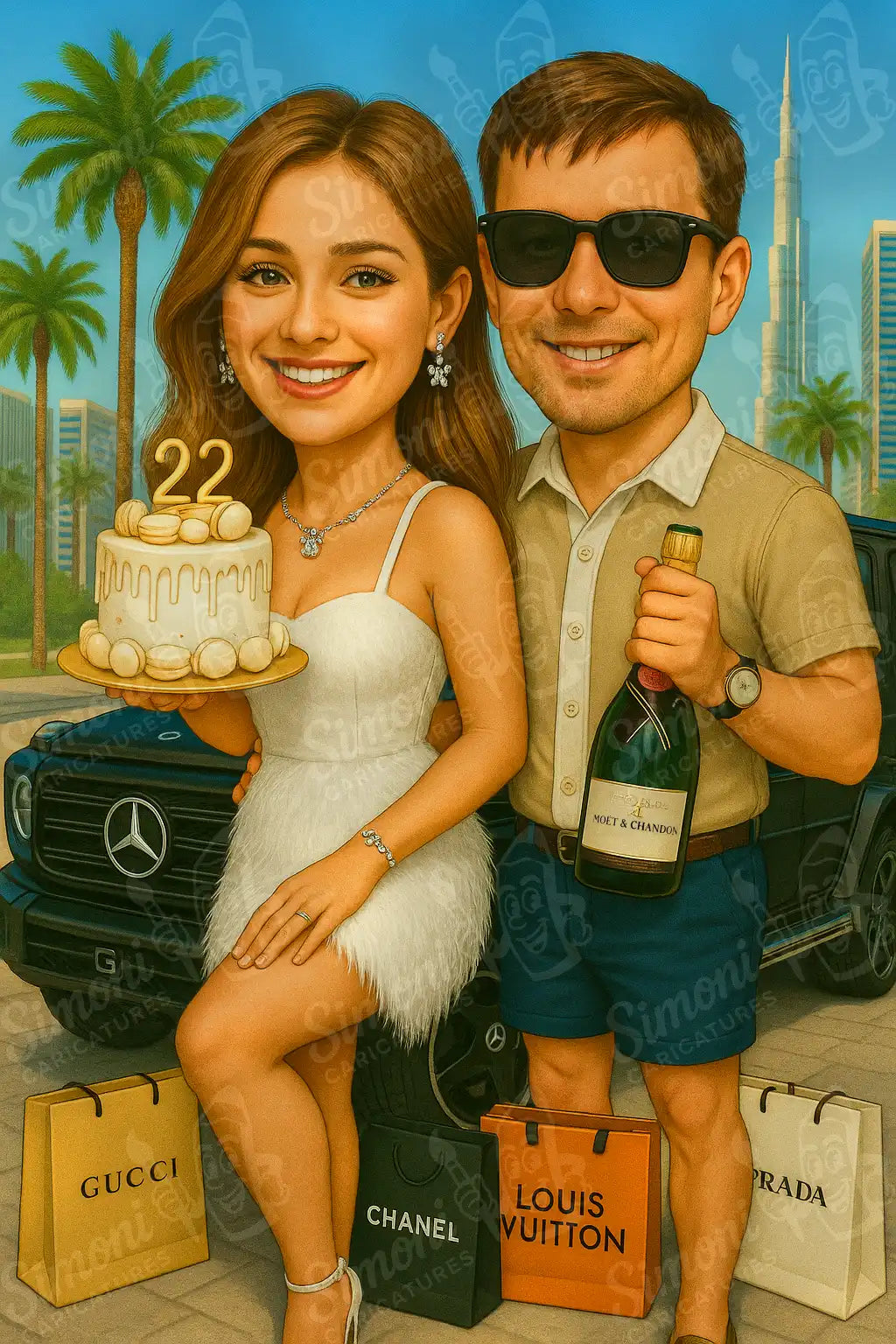 Карикатура на двойка пред черен Mercedes, момиче с торта за 22-ри рожден ден и момче с бутилка Moët. Пазарски торбички Gucci, Chanel, Louis Vuitton, Prada.